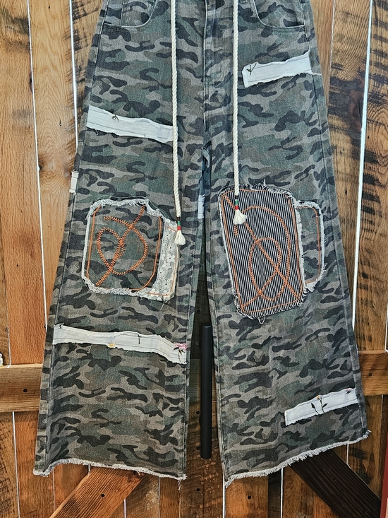 POL Pants - 025p POL Camouflage Patchwork Wide-Leg Pants with Orange Contrast Stitching